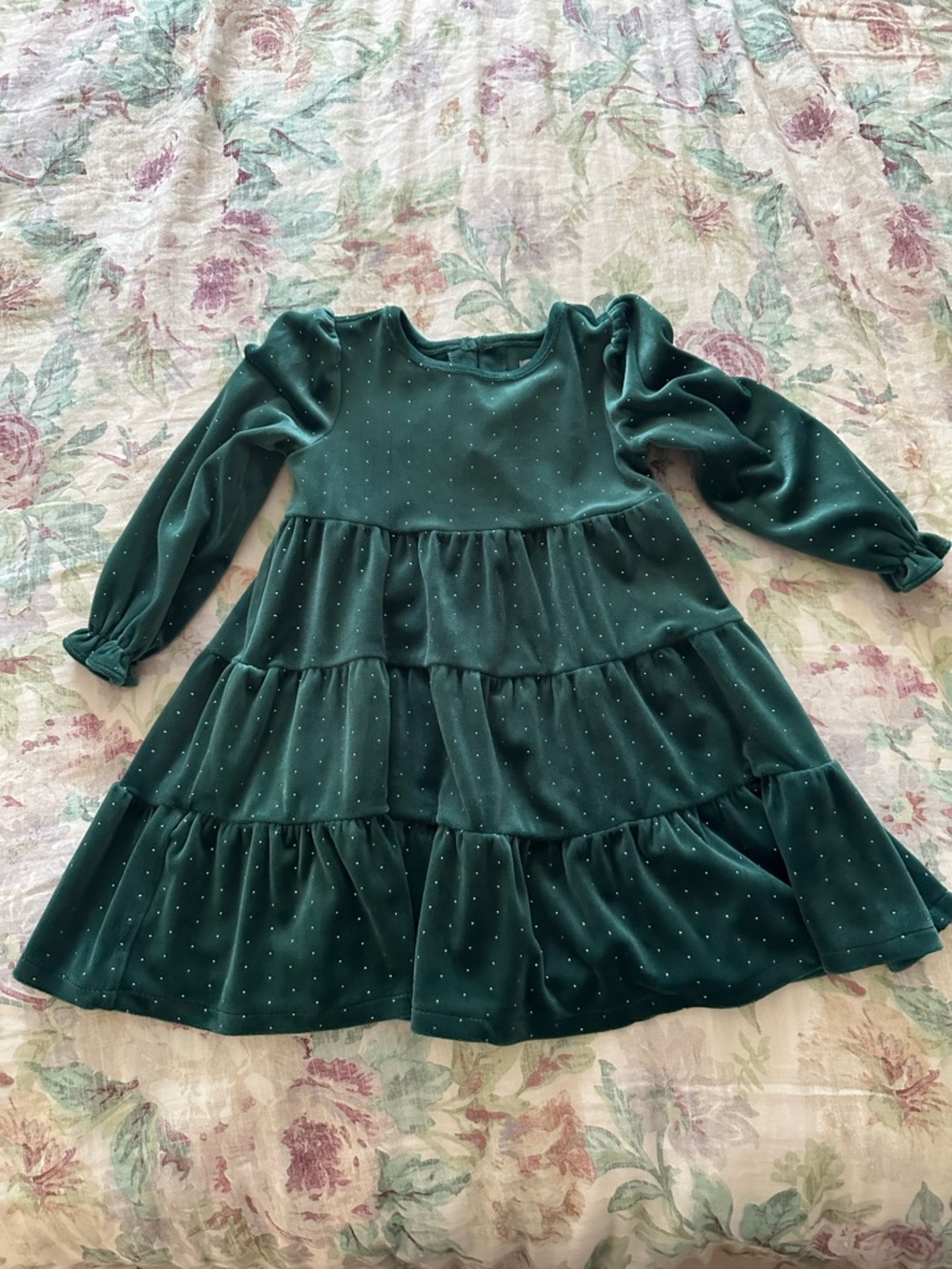 Tahari Emerald Green Velvet Tiered Dress with Metallic Dots